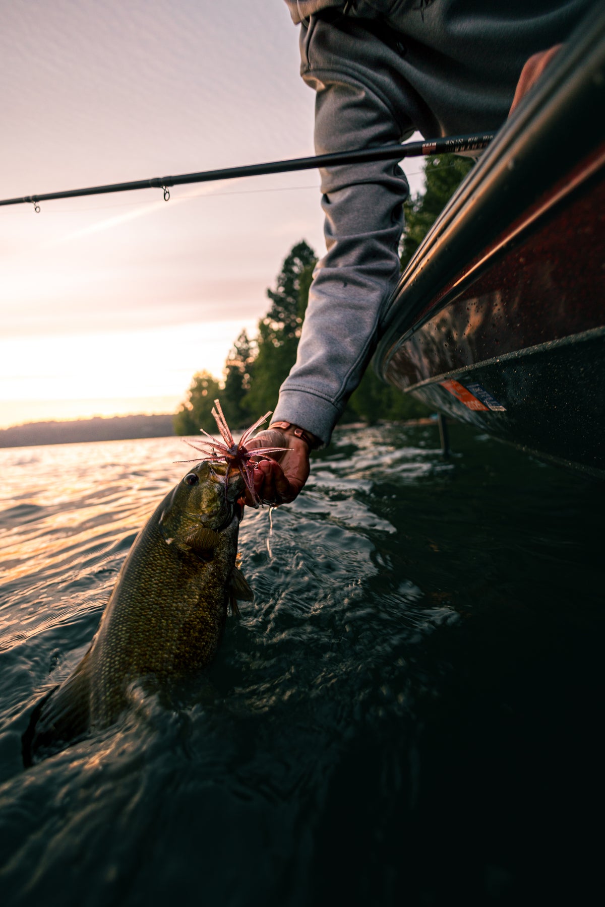 Person holding a fish caught from a kayak on a lake at sunset.