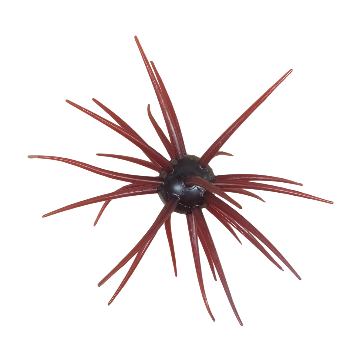 Red and black spider-like object on a white background