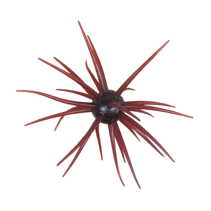 Red and black spider-like object on a white background